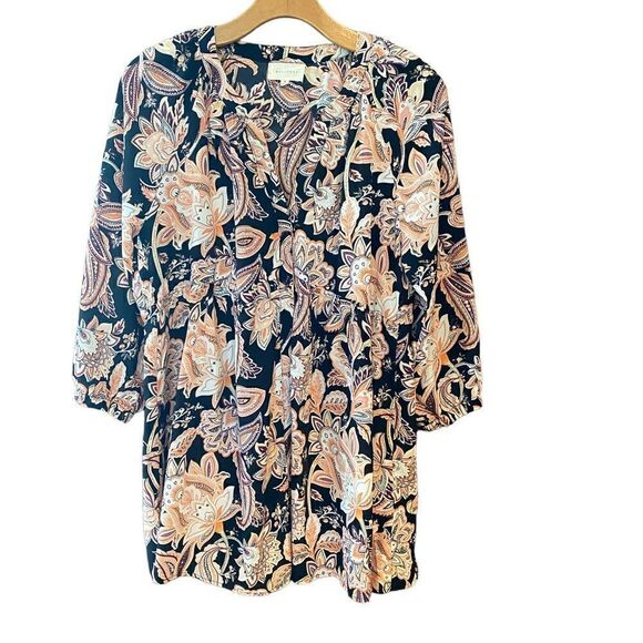 Melloday Sz M Black Peach Paisley Empire Waist Boho Relaxed Fit Flowy Blouse - Picture 1 of 8